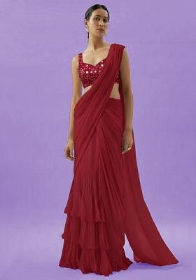Burgundy Net Pre Draped Saree Set With Sequin Blouse