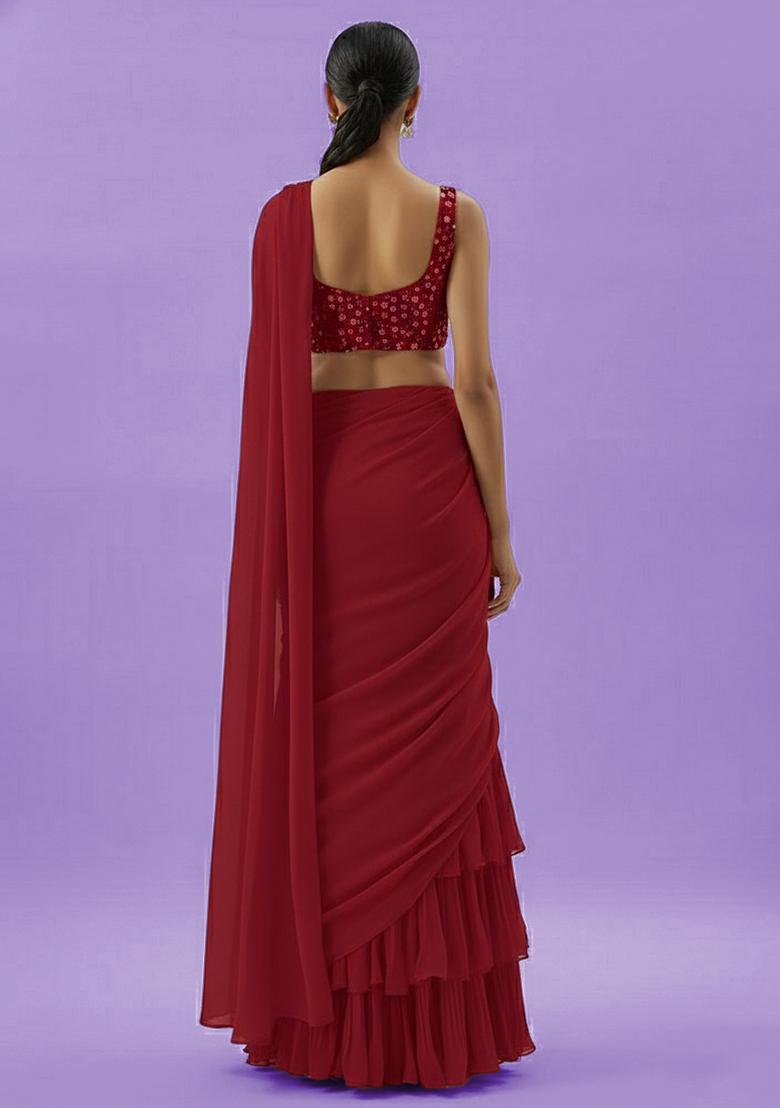 Burgundy Net Pre Draped Saree Set With Sequin Blouse - Indya