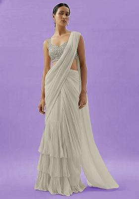 Off White Net Pre Draped Saree Set With Sequin Blouse