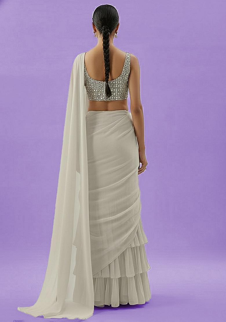 Off White Net Pre Draped Saree Set With Sequin Blouse - Indya