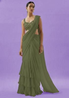 Olive Green Net Pre Draped Saree Set With Embroidered Blouse