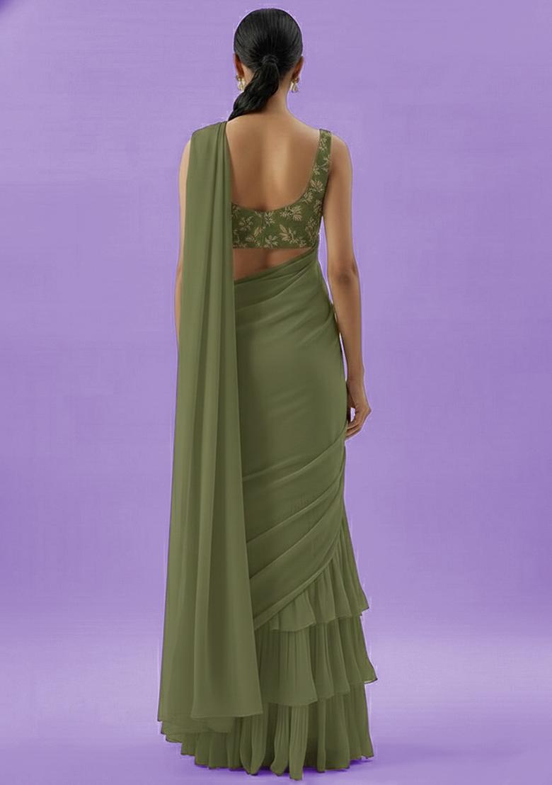 Olive Green Net Pre Draped Saree Set With Embroidered Blouse - Indya