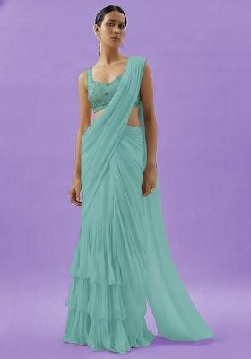 Sky Blue Crepe Pre Draped Saree Set With Embroidered Blouse