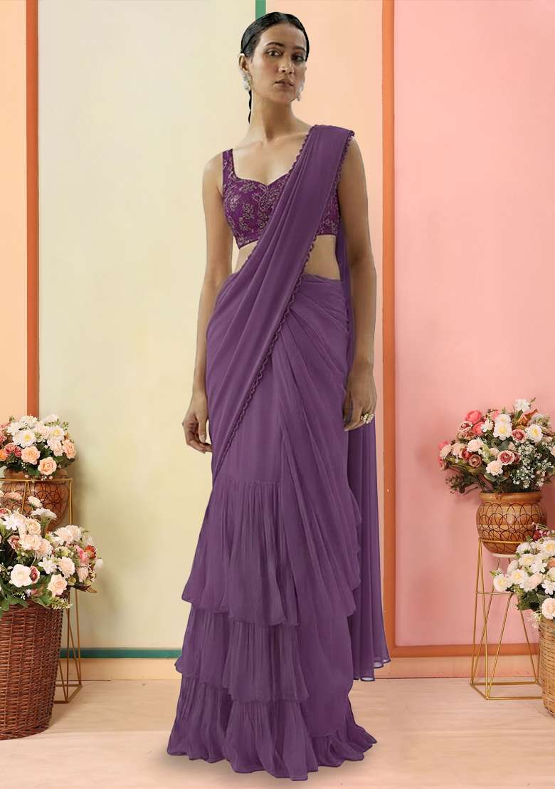 Purple Poly Blend Pre Draped Saree Set With Embroidered Blouse - Indya