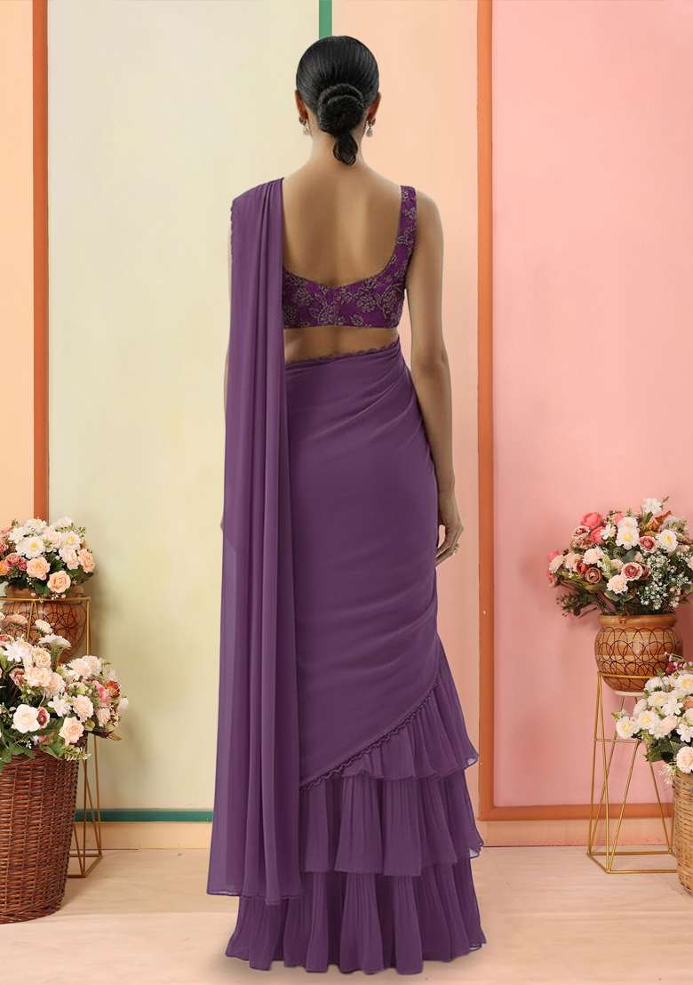 Purple Poly Blend Pre Draped Saree Set With Embroidered Blouse - Indya