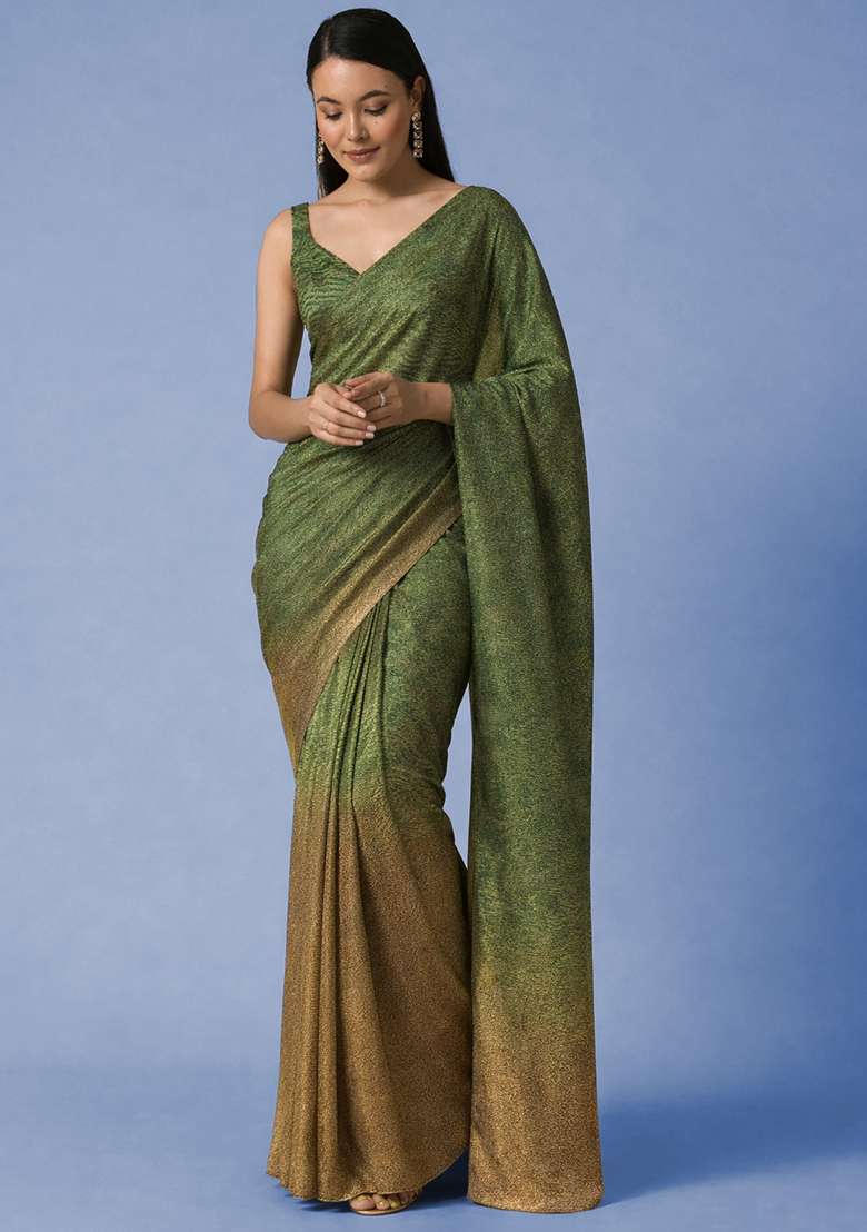 Forest Green Tissue Soild Pre Draped Saree Set - Indya