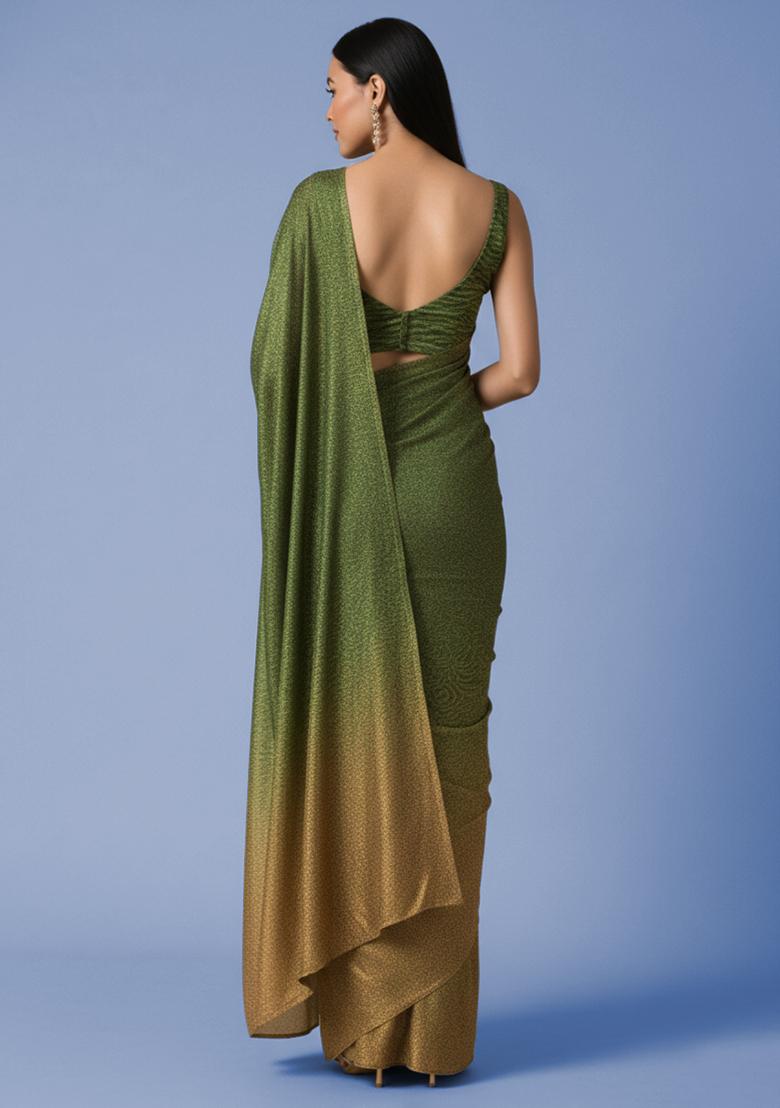 Forest Green Tissue Soild Pre Draped Saree Set - Indya