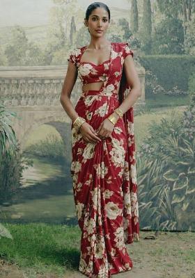 Red Crepe Printed Pre Draped Saree Set