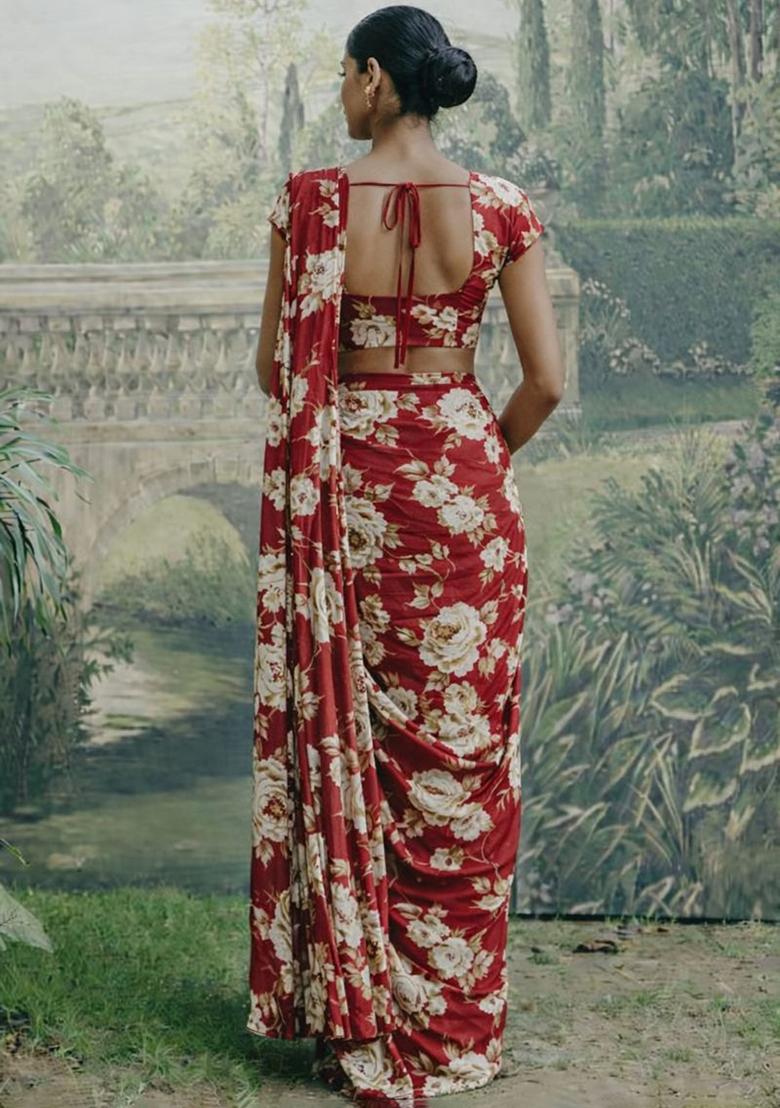 Red Crepe Printed Pre Draped Saree Set - Indya