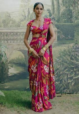 Deep Pink Crepe Printed Pre Draped Saree Set