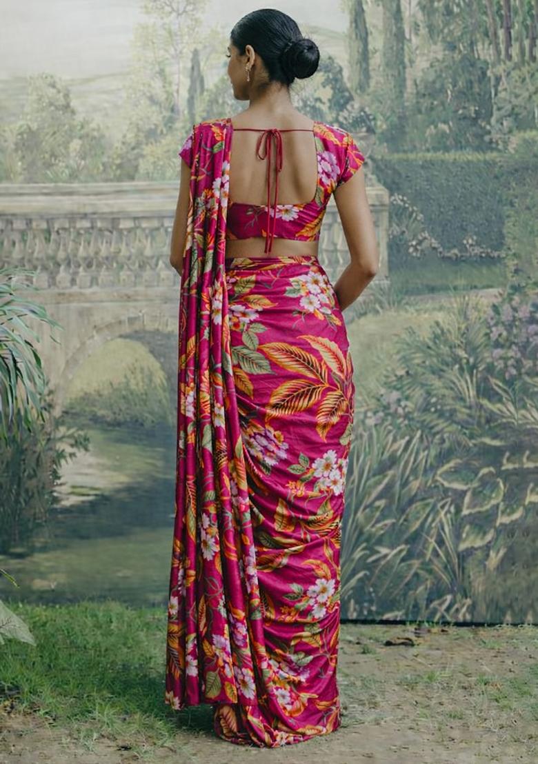 Deep Pink Crepe Printed Pre Draped Saree Set - Indya