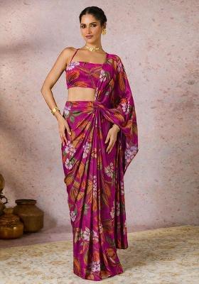 Magenta Crepe Printed Pre Draped Saree Set