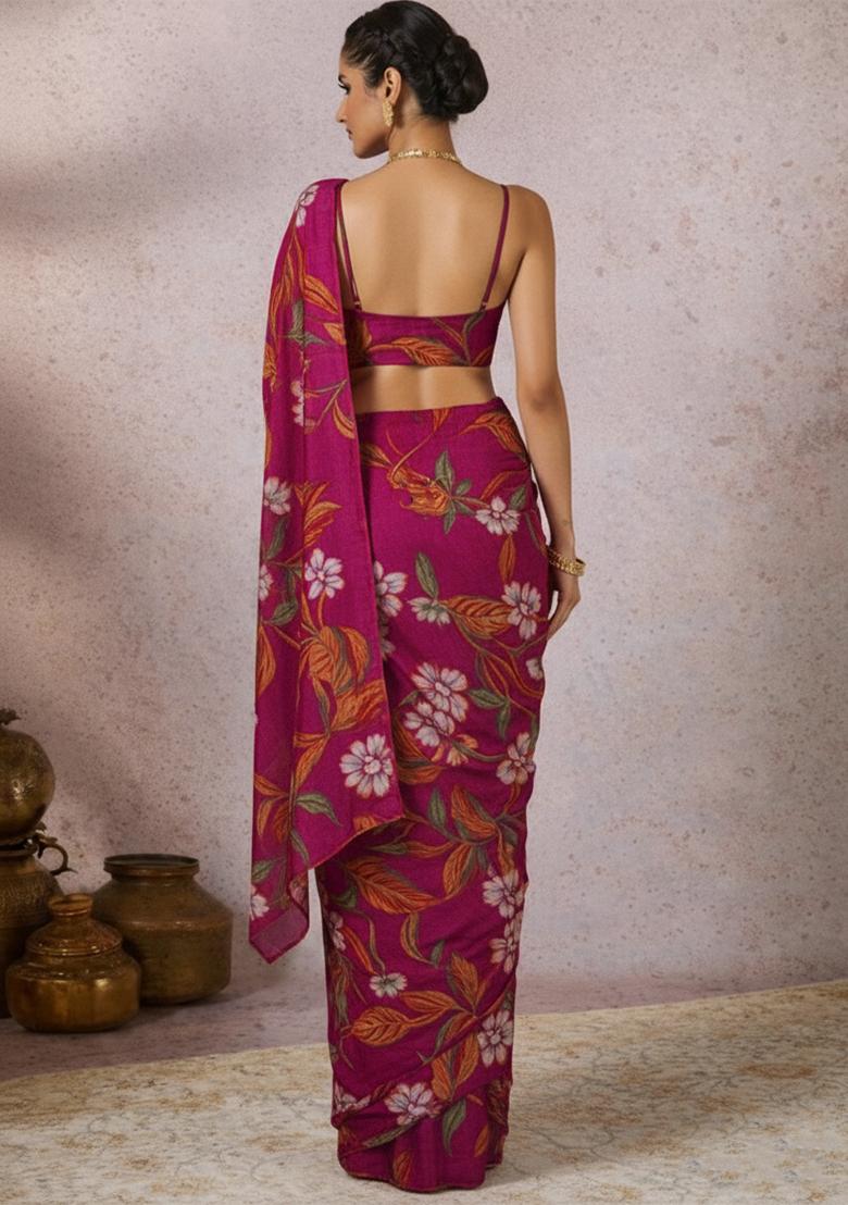 Magenta Crepe Printed Pre Draped Saree Set - Indya