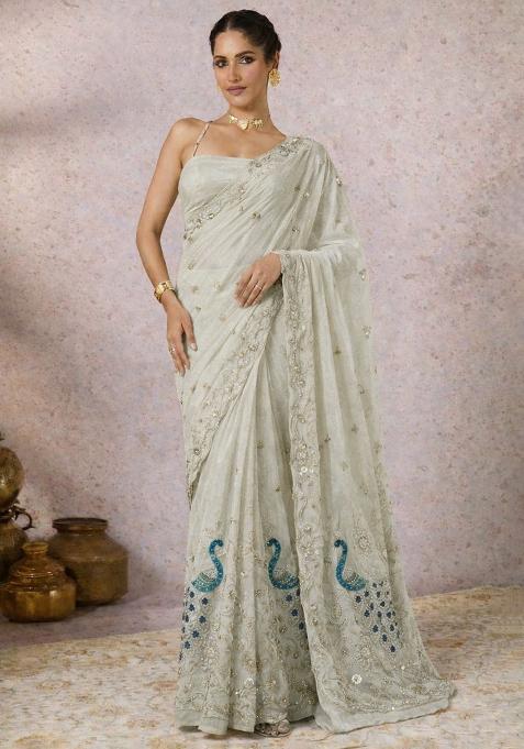 Off White Tissue Embroidered Pre Draped Saree Set