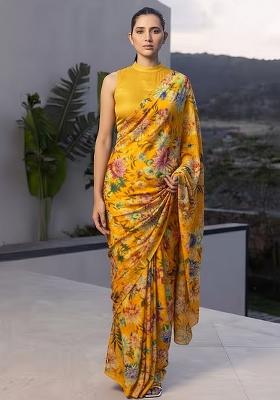Mustard Yellow Crepe Abstract Print Pre Draped Saree Set