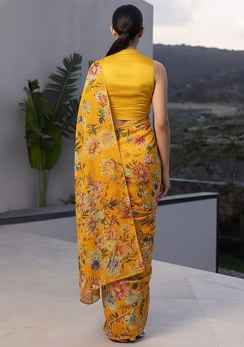 Mustard Yellow Crepe Abstract Print Pre Draped Saree Set - Indya