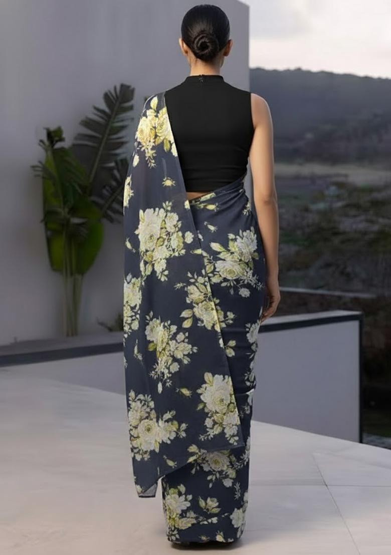 Charcoal Grey Crepe Abstract Print Pre Draped Saree Set - Indya