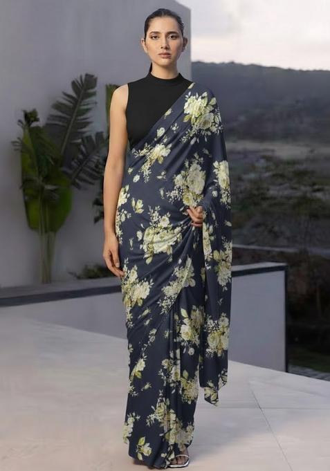 Charcoal Grey Crepe Abstract Print Pre Draped Saree Set