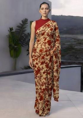 Beige Crepe Abstract Print Pre Draped Saree Set