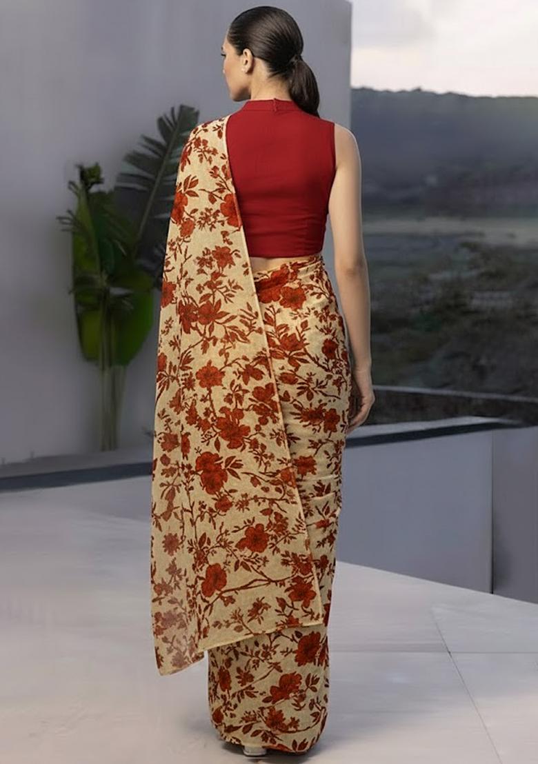 Beige Crepe Abstract Print Pre Draped Saree Set - Indya