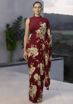 Wine Red Crepe Abstract Print Pre Draped Saree Set