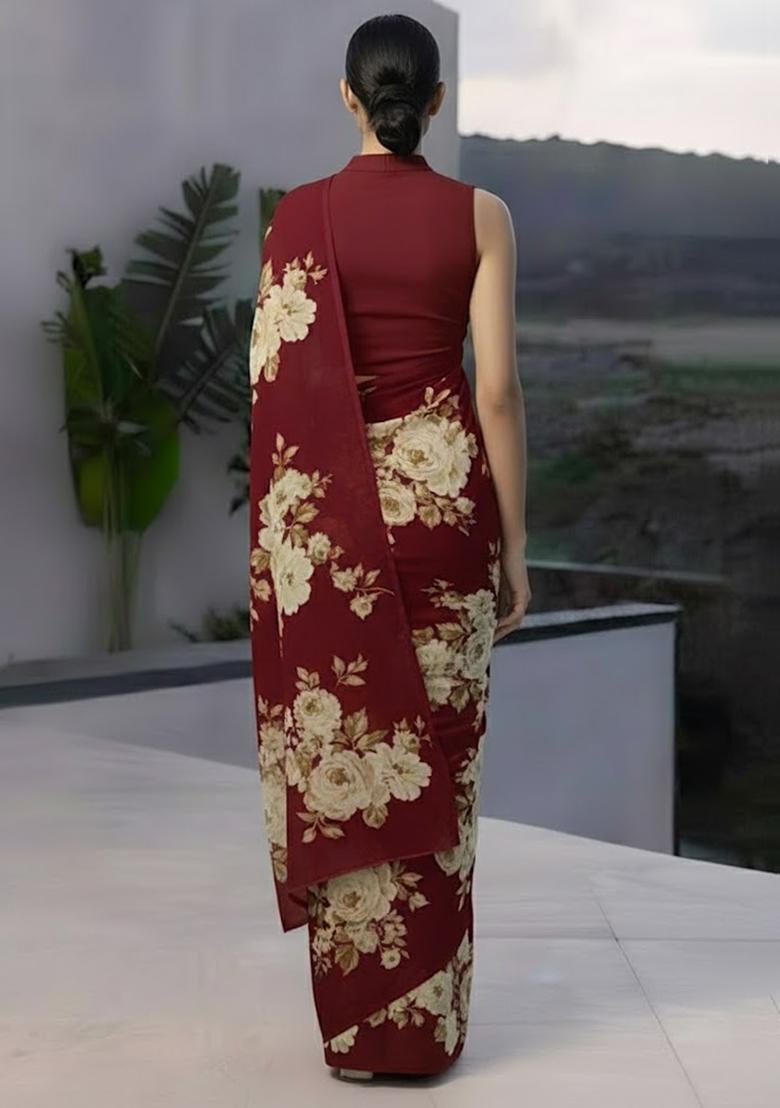Wine Red Crepe Abstract Print Pre Draped Saree Set - Indya