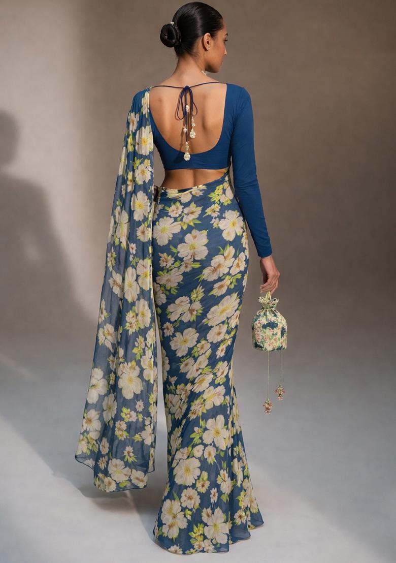 Navy Blue Floral Print Crepe Pre Draped Saree Set - Indya