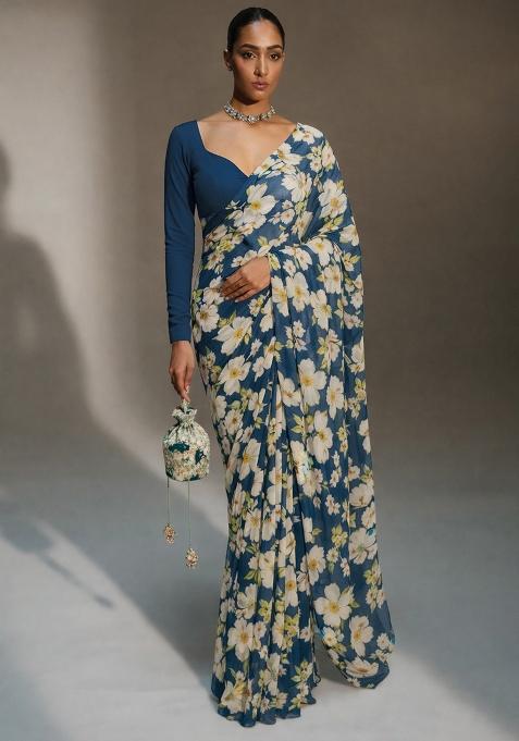 Navy Blue Floral Print Crepe Pre Draped Saree Set