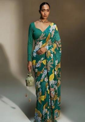 Emerald Green Floral Print Crepe Pre Draped Saree Set