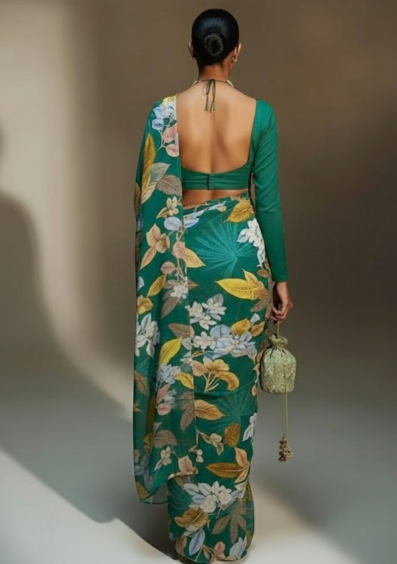 Emerald Green Floral Print Crepe Pre Draped Saree Set - Indya