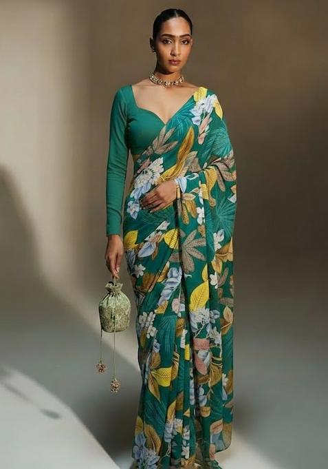 Emerald Green Floral Print Crepe Pre Draped Saree Set