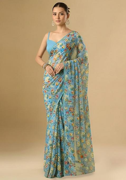 Dusty Blue Floral Print Crepe Pre Draped Saree Set