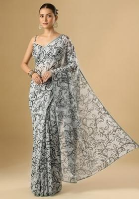 White Floral Print Crepe Pre Draped Saree Set