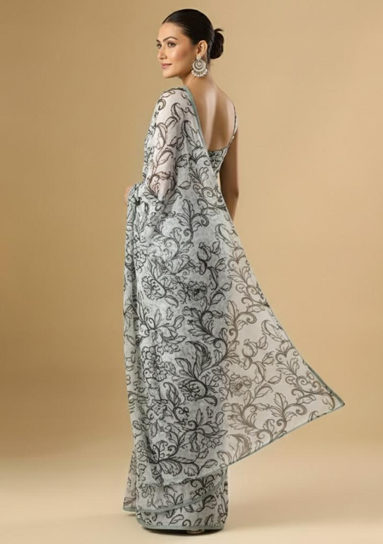 White Floral Print Crepe Pre Draped Saree Set - Indya