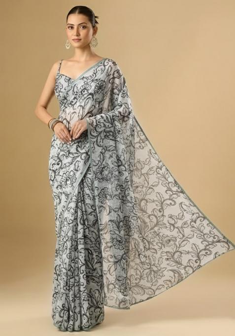 White Floral Print Crepe Pre Draped Saree Set