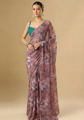 Dusty Pink Floral Print Crepe Pre Draped Saree Set