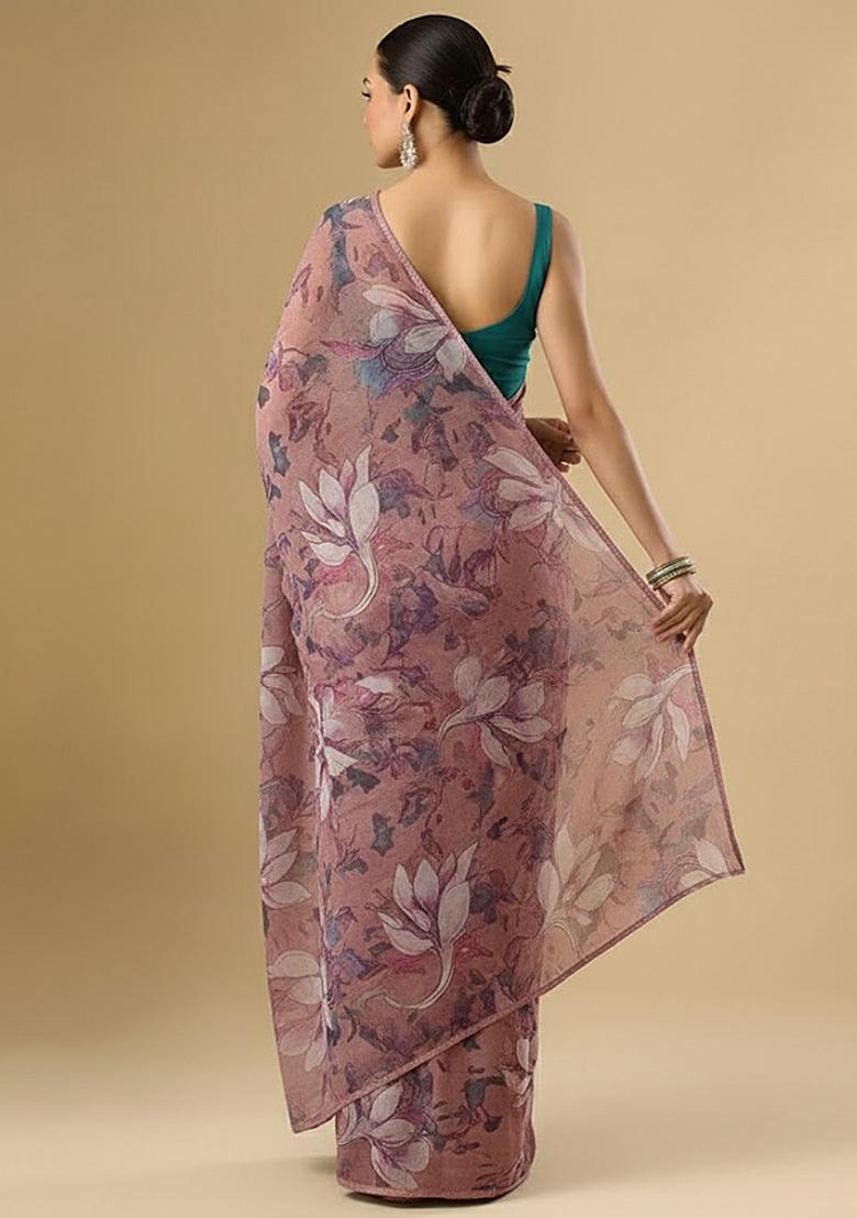 Dusty Pink Floral Print Crepe Pre Draped Saree Set - Indya