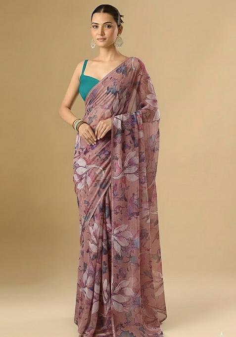 Dusty Pink Floral Print Crepe Pre Draped Saree Set