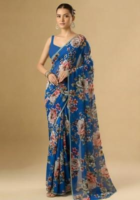 Royal Blue Floral Print Crepe Pre Draped Saree Set
