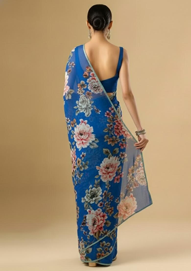 Royal Blue Floral Print Crepe Pre Draped Saree Set - Indya