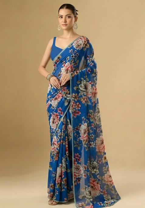 Royal Blue Floral Print Crepe Pre Draped Saree Set