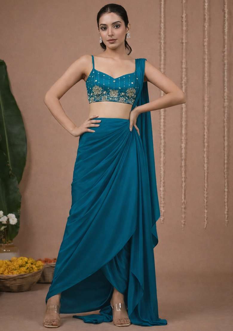 Blue Embroidered Crepe Pre Draped Saree Set for Diwali and Festive Wear - Indya