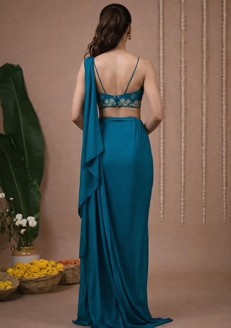 Blue Embroidered Crepe Pre Draped Saree Set - Indya