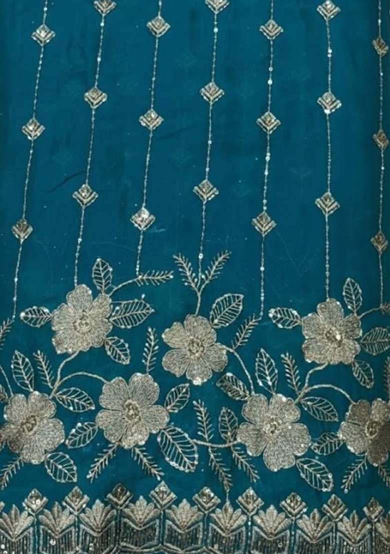 Blue Embroidered Crepe Pre Draped Saree Set for Diwali and Festive Wear - Indya