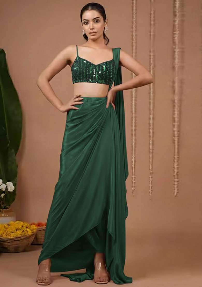 Bottle Green Net Pre Draped Saree Set with Sequin for Diwali | Wedding & Festive Wear - Indya