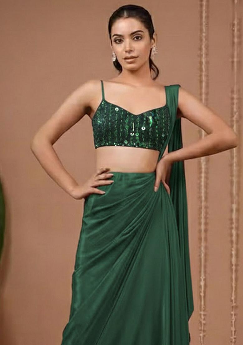 Bottle Green Sequin Net Pre Draped Saree Set - Indya