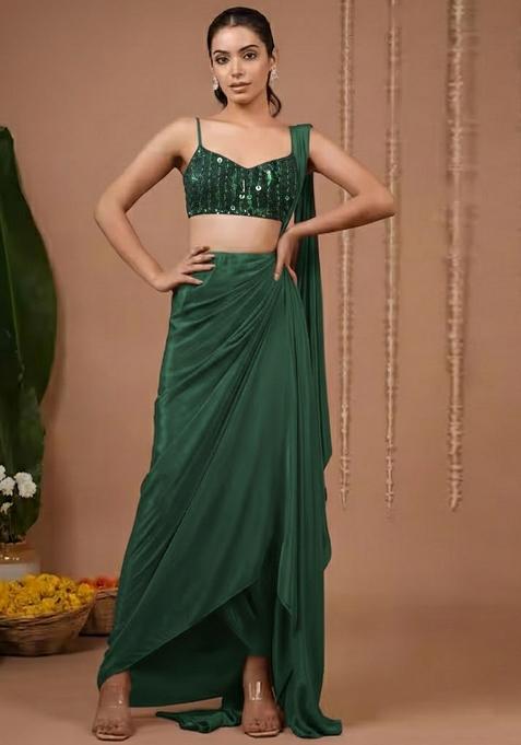 Bottle Green Sequin Net Pre Draped Saree Set