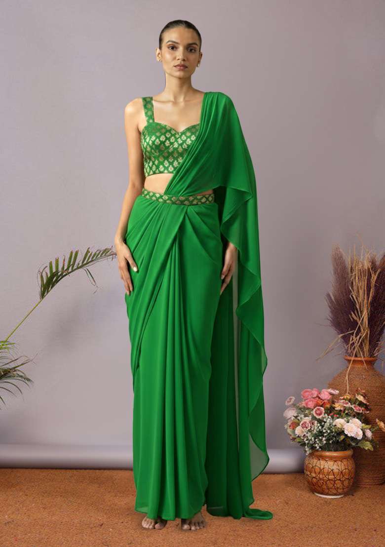Parrot Green Brocade Pre Draped Saree Set for Diwali and Festive Wear - Indya