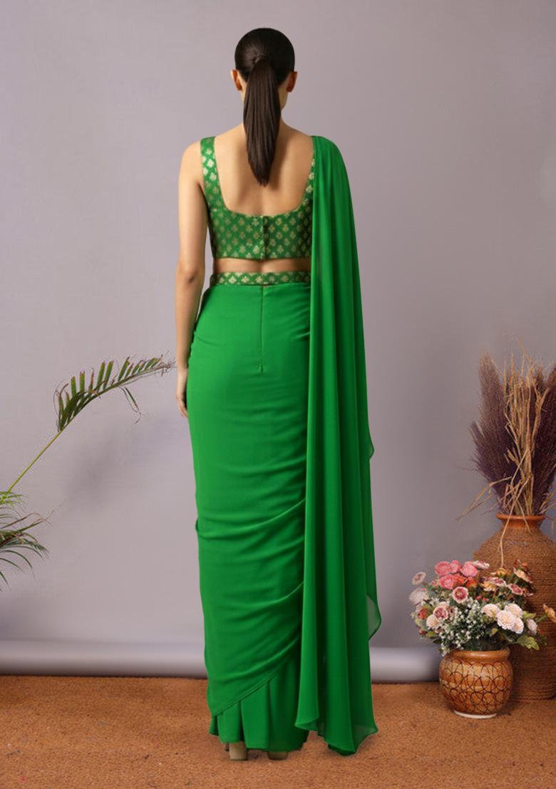 Parrot Green Brocade Pre Draped Saree Set - Indya