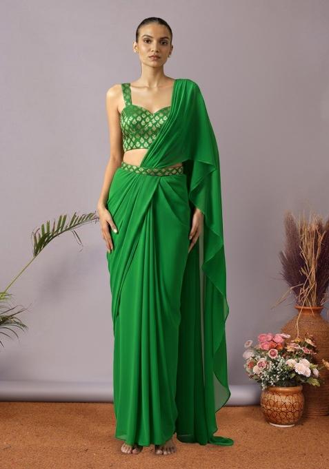 Parrot Green Brocade Pre Draped Saree Set